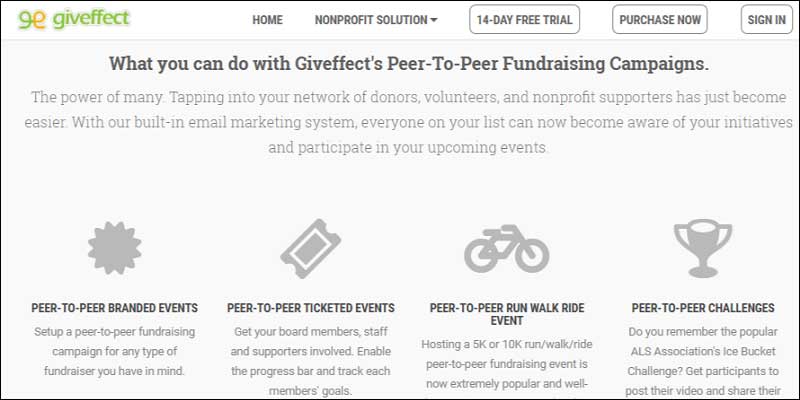 Giveeffect has peer-to-peer fundraising software.