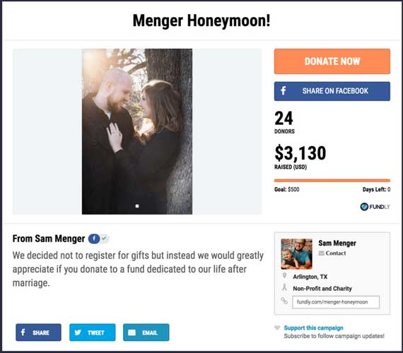 Fundraising ideas for Weddings and Honeymoons: Menger Honeymoon