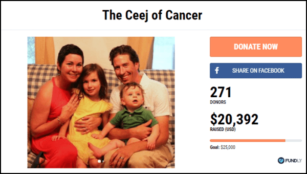 The Ceej of Cancer is a crowdfunding campaign example - fundraising ideas for cancer treatment.