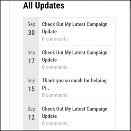 Look how they provided four helpful updates for their pet and animal crowdfunding campaign.