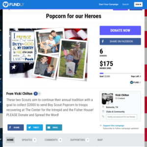 The Popcorn for our Heroes Fundly campaign supported two boyscouts selling popcorn for injured troops.