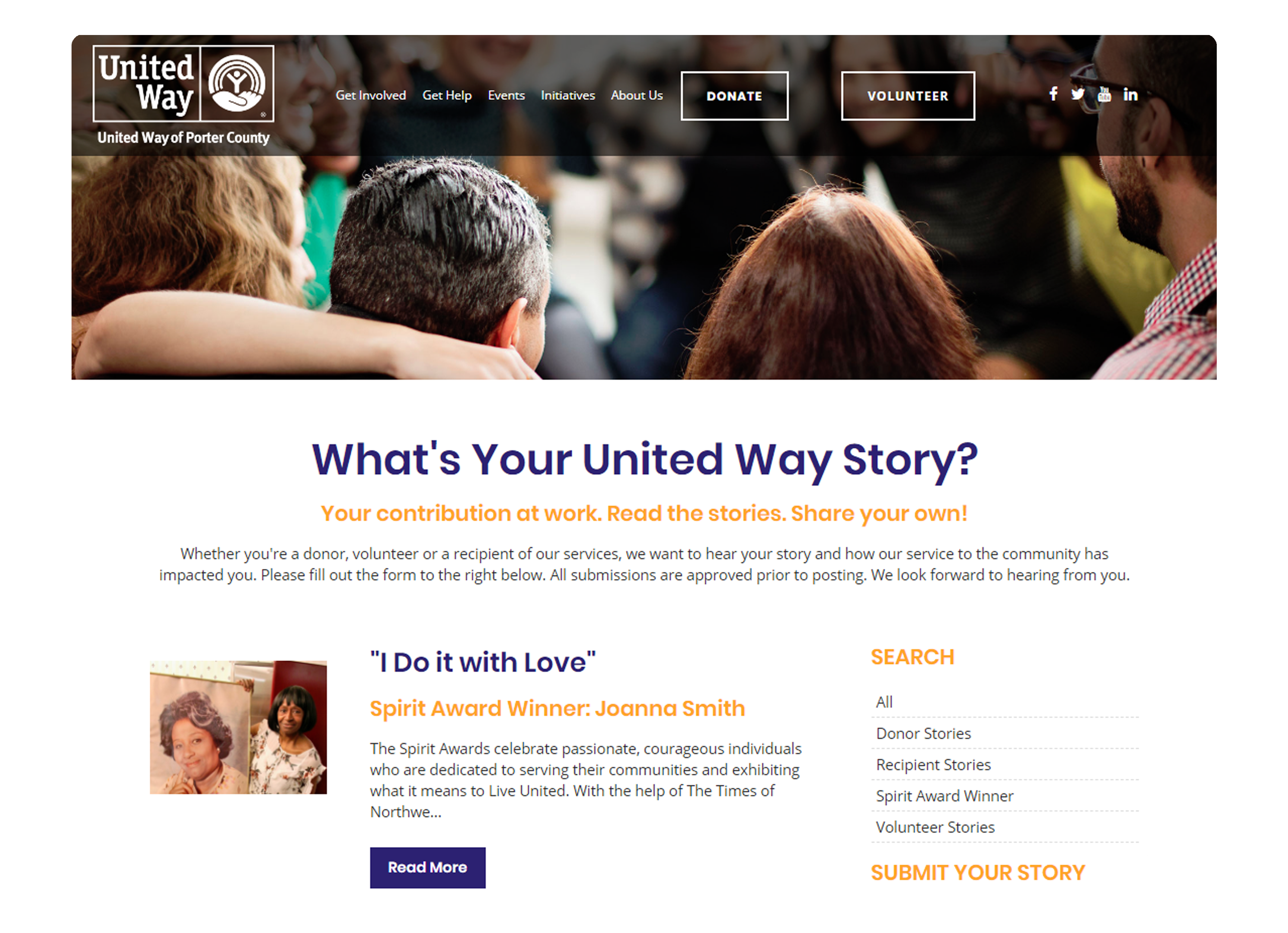 The image depicts a website paged dedicated to showcasing anecdotes from people involved with the nonprofit.