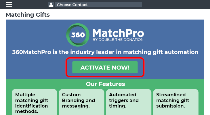 Activate matching gifts from within your FundlyCRM account.