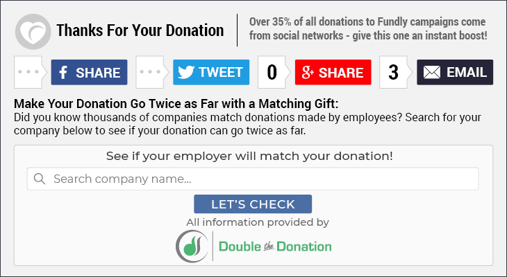 This is an example of a matching gift tool on a FundlyPro acknowledgement screen.