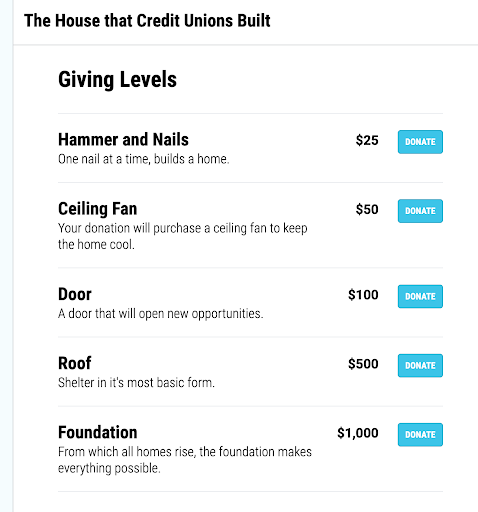 Here's an example of set giving levels on a virtual event donation page.
