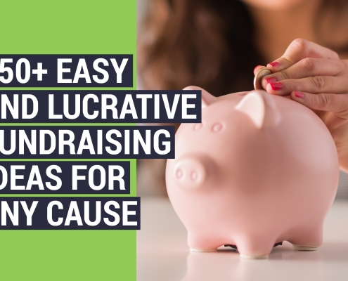 A women putting a coin into a piggy bank with the text "150+ easy and lucrative fundraising ideas for any cause" overlaid on top.