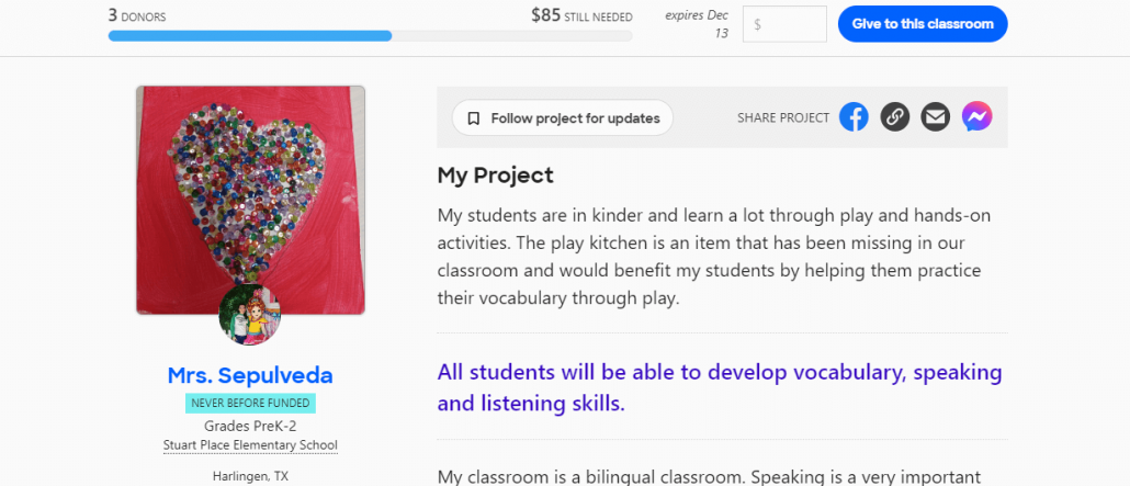 A screenshot of a campaign on the DonorsChoose crowdfunding platform.