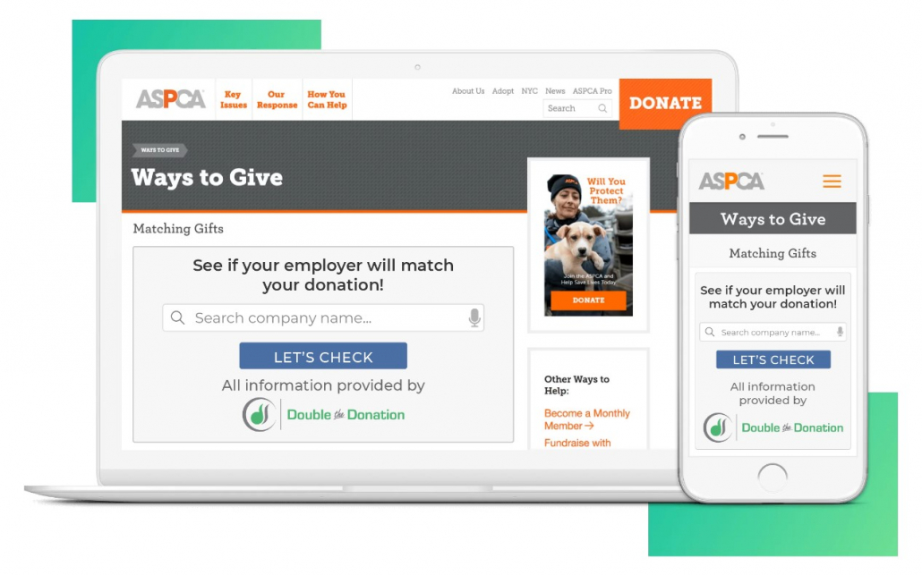 Screenshots of Double the Donation’s matching gift eligibility tools on a laptop and phone screen.