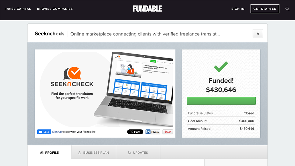 A screenshot of a campaign on Fundable’s crowdfunding website for businesses.