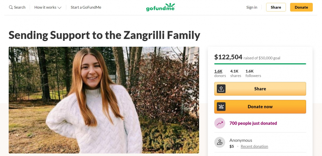 A screenshot of a campaign on GoFundMe’s crowdfunding website.