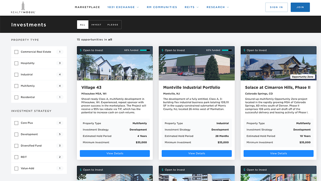 A screenshot of the available investment opportunities of RealtyMogul’s real estate crowdfunding website.