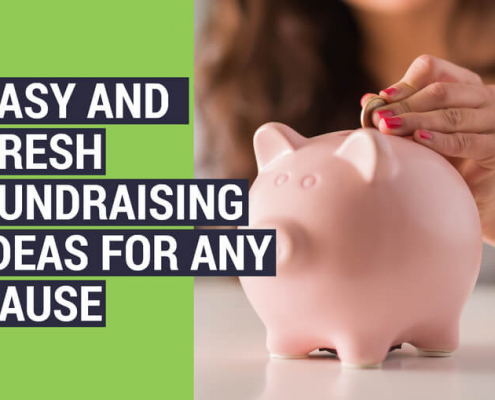The article’s title, “Easy and Fresh Fundraising Ideas for Any Cause,” beside someone putting a coin into a piggy bank.