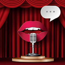 An illustrated pair of lips in front of a microphone, representing the idea of a lip sync contest for fundraising.