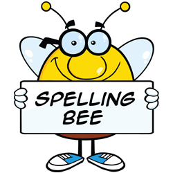 An illustrated bee holding up a “Spelling Bee” sign.