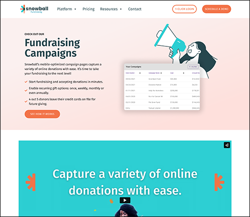 Screenshot of GoFundMe alternative Snowball’s fundraising campaigns page.