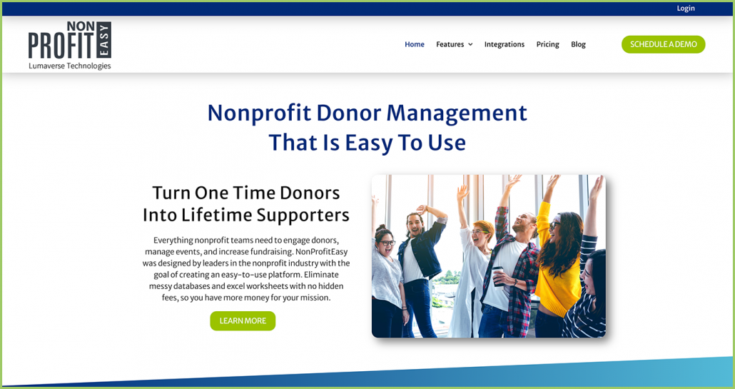 A screenshot of NonProfitEasy’s home page, which lists donor management features that will help you collect online donations.