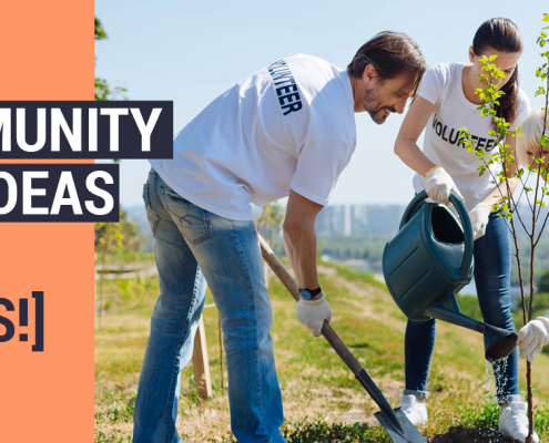 The article's title, "Top Community Service Ideas [with Examples!]," beside three volunteers planting and watering trees.