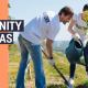 The article's title, "Top Community Service Ideas [with Examples!]," beside three volunteers planting and watering trees.