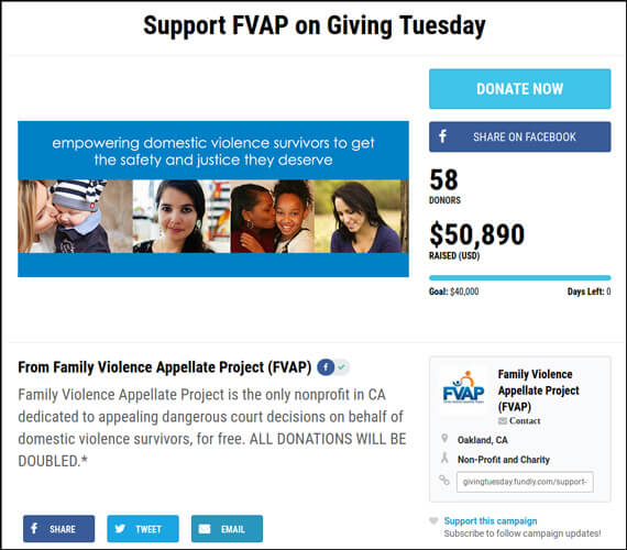 A screenshot of FVAP’s crowdfunding campaign on Fundly, illustrating how the nonprofit succeeded with this Giving Tuesday fundraising idea.