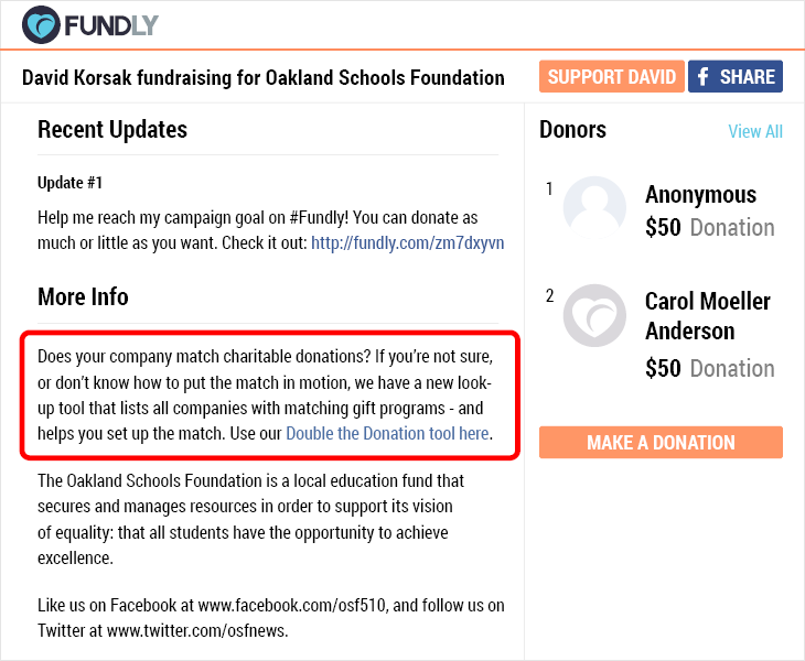 A screenshot of a campaign page discussing matching gifts, showing how nonprofits can promote the opportunity while raising funds on Giving Tuesday.