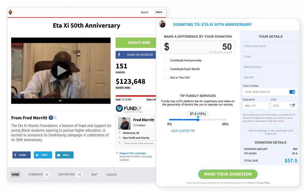 A screenshot of the Eta Xi 50th Anniversary crowdfunding campaign